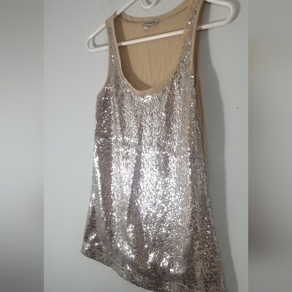 Express Tan & Silver Sequinned Womens Blouse. Size XS. Flashy Night Out Top EUC - Picture 2 of 6